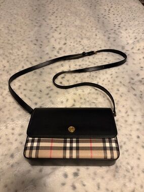Burberry Black Leather Crossbody with Classic Beige Plaid